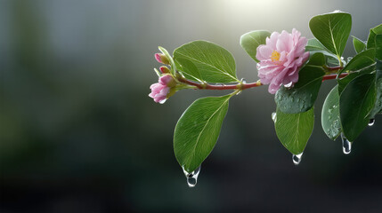Poster - Pink flower green leaf water drop nature sunlight fresh closeup morning