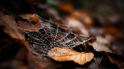 Wall Mural - intricate spiderweb adorned with glistening raindrops stretches delicately across a bed of fallen au