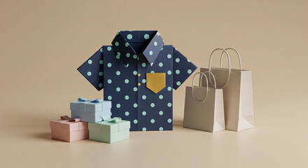 Poster - Polka-dot shirt mockup, folded origami style, with gift boxes and shopping bags, on beige background, showcasing online shopping or gift-giving concept