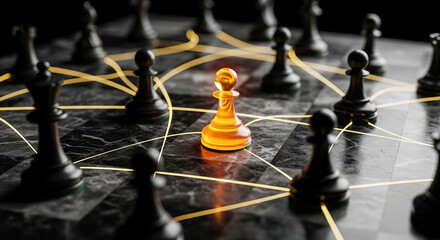 Poster - Amber chess piece center stage, connected to others by glowing lines, on marble board.  Showcases leadership, strategy, networking