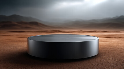 Poster - Sleek black circular podium stands on barren desert landscape under dramatic cloudy sky, evoking futuristic atmosphere
