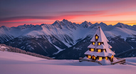 Poster - Snow-covered mountain house at sunset, illuminated windows, winter landscape, symbolizing serenity, peace, and winter wonderland