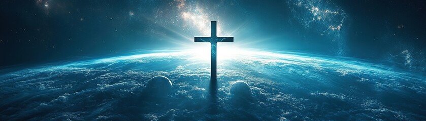 Wall Mural - Spiritual reflection and hope outer space digital art cosmic environment aerial view faith concept