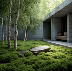 Poster - Minimalist natural garden with birch tree, moss, stone, and concrete house, peaceful and serene atmosphere