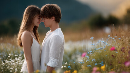 Poster - Young couple standing close in wildflower field, romantic summer mood, soft natural light, peaceful atmosphere