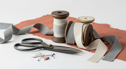 Poster - Wooden spools of gray and beige ribbon, scissors, pins on terracotta fabric showcase, representing craft, handmade, and textile artistry