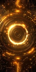 Poster - Futuristic circular machine with yellow neon lights on dark background