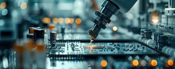 Poster - Close-up of microchip soldering process on a colorful circuit board