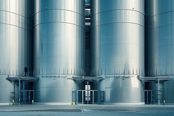 Poster - Industrial interior of a modern factory with large metal silos and clean reflective floors