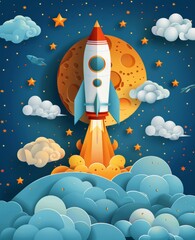 Wall Mural - illustration of a rocket launch against a starry night sky with clouds and moon