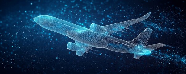 Poster - Wireframe airplane in digital space showcasing futuristic aviation technology