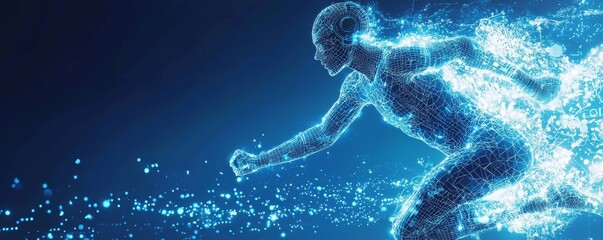 Poster - Wireframe athlete in dynamic pose with digital effects, representing futuristic sports technology