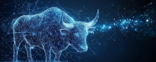 Poster - Wireframe bull with digital elements representing strength and technology