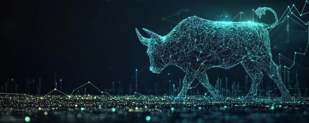 Poster - Futuristic wireframe bull with digital connections and a glowing background