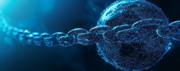 Poster - Digital wireframe globe with blockchain technology connections and blue glowing nodes