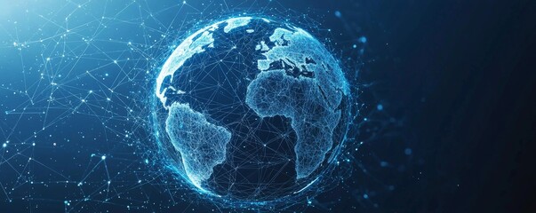 Poster - Digital wireframe globe connecting the world with blue futuristic technology