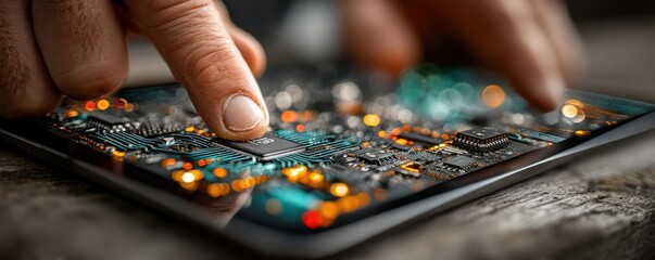 Poster - Close-up of a tablet showcasing a detailed glowing circuit board