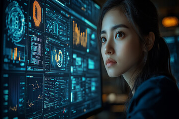 a close-up of an ai-generated businesswoman looking at futuristic data dashboards in a digital tech 