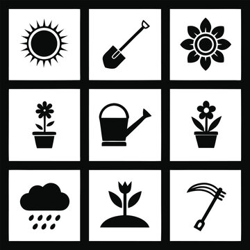 Gardening Icons Sun, Flowers, Tools, and More