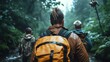© svastix - A group of adventurous hikers explores a misty forest trail, showcasing camaraderie in nature while carrying backpacks amidst lush greenery and a light drizzle of rain.