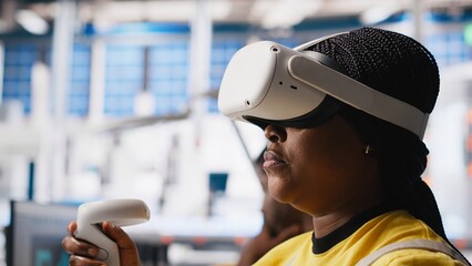 Poster - photovoltaics factory employee monitors system performance using virtual reality gear. solar panels 