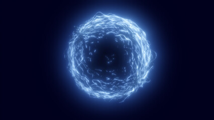 Poster - Dark blue digital sphere with flowing electric lines and glowing core, symbolizing digital current, futuristic depth, and virtual energy
