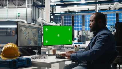 Poster - black man specialist checks solar panel production with copy space, reviewing a checklist during ins