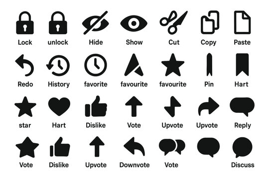 Universal UI Icons Lock, Unlock, Hide, Show, Cut, Copy, Paste, Redo, History, Favorite, Star, Heart, Thumbs Up/Down, Upvote, Downvote, Reply, Pin, Discuss, and More!