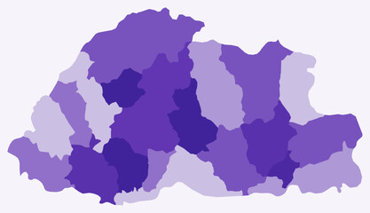 Poster - Map of Bhutan with regions. A simple country border map with region division. Deep purple color palette. Flat Kingdom of Bhutan shape with administrative division. Vector illustration.