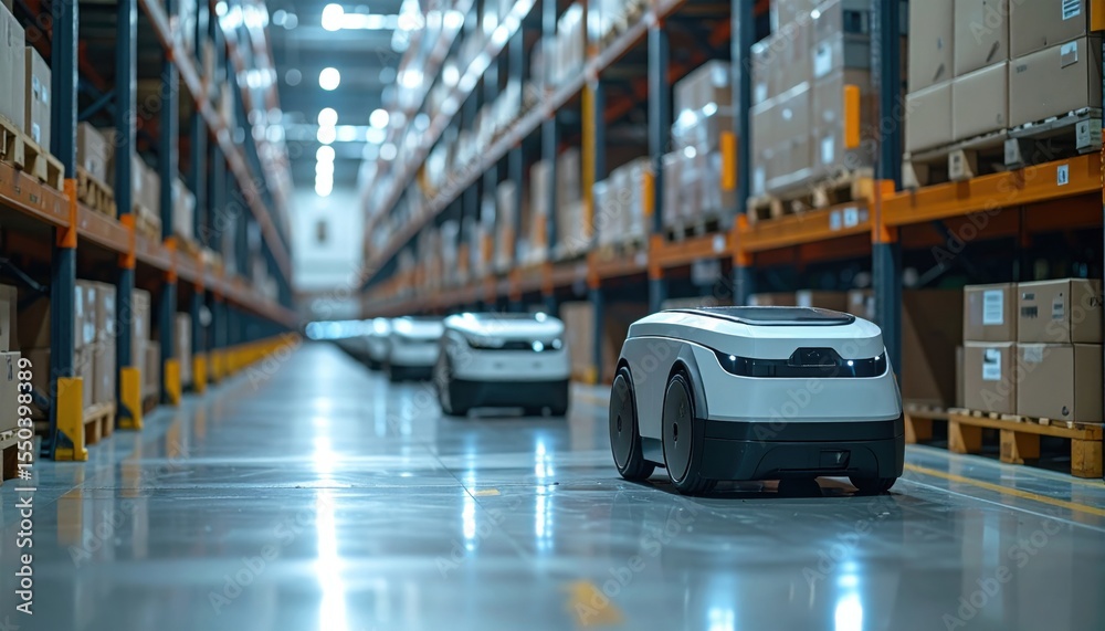 Autonomous robots navigating a warehouse aisle symbolizing the rise of ...