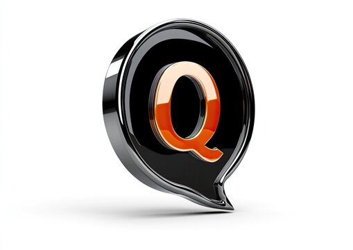 3D rendered letter Q in a black speech bubble with chrome border