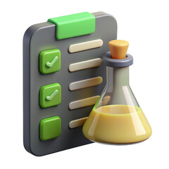 Poster - 3d rendered checklist with erlenmeyer flask of yellow liquid isolated on transparent background