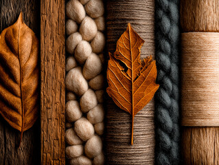 Wall Mural - Dried Leaves, Wood, Wool Balls, and Textile Material Arrangement