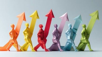 Poster - Abstract paper models of people lifting arrow upwards indicating collective success