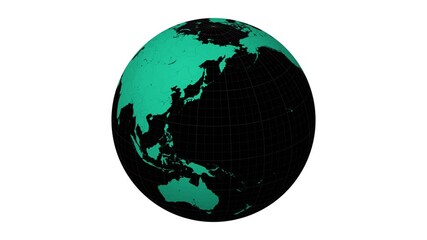 Poster - Spinning globe with a black emerald color palette. Planet rotation animation featuring a world map with meridians, parallels, countries, rivers, and lakes. Beautiful video.
