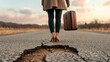 © svastix - A contemplative woman stands on a cracked road holding a suitcase, symbolizing a journey or transition in life, amidst a dramatic sky that evokes feelings of uncertainty and adventure.