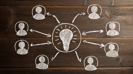 Poster - Team icons surrounding a light bulb concept on desk showing innovation through teamwork