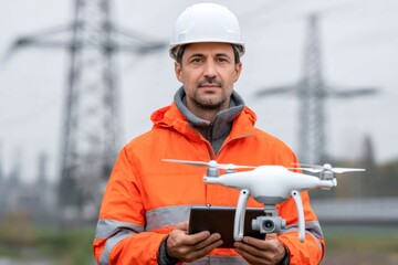 Poster - Electrical engineer operating drone for power line inspection