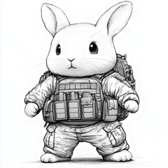 Wall Mural - cute cartoon rabbit character in military outfit with backpack, ideal for children's illustrations o