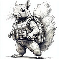 Wall Mural - a stylized illustration of a cartoon squirrel wearing a tactical vest, showcasing a blend of humor a