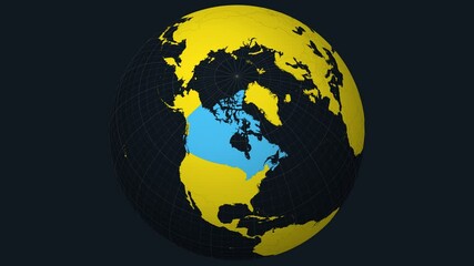 Poster - Canada on Globe. Animated zoom into the country view on the world map in Charcoal Bright Yellow color palette. Globe with meridians, parallels, countries, rivers and lakes. Classy video.