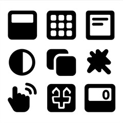 Calculator Interface Icons. Solid style icons of calculator interface: calculator screen, button grid, history panel, theme toggle