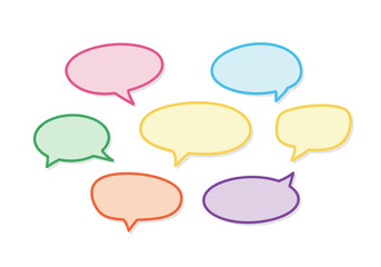 Poster - 7 colorful speech bubbles pink blue green yellow orange and purple arranged on a white background