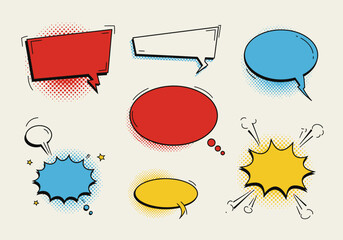 Poster - Comic book style speech bubbles in varied shapes colors and with halftone and explosion effects