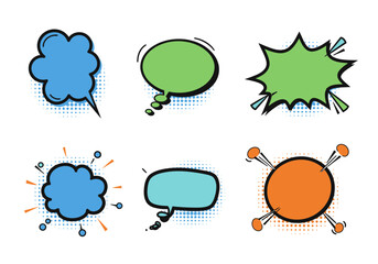 Poster - Comic speech bubbles in blue green and orange with black outlines and halftone dots
