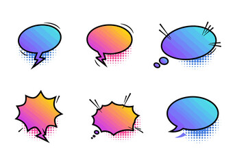 Poster - Six comic speech bubbles each uniquely styled with halftone patterns black outlines and vibrant gradient fills