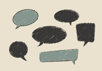 Poster - Six speech bubbles with varying shapes some in light grey and others dark grey on a plain background