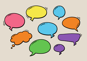 Poster - Varied colorful speech bubbles with black outlines spread across a light tan background