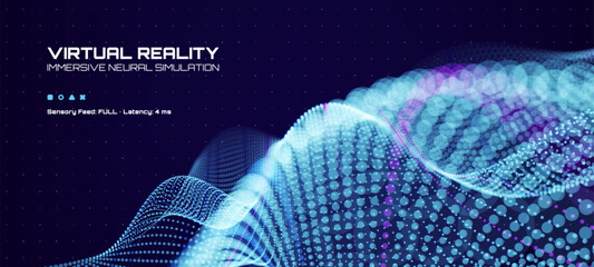 Poster - Virtual reality immersive neural simulation tech science vector background with abstract blue digital waves and purple dots. Vector graphics. 