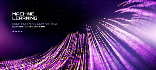 Poster - Machine learning self-adaptive computation. Abstract purple and yellow glowing particles forming wavy lines. Digital technology background. Vector graphics. 